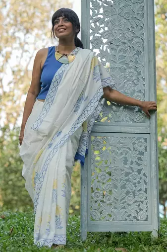 White chanderi silk gold border patti digital printed saree