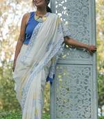White chanderi silk gold border patti digital printed saree