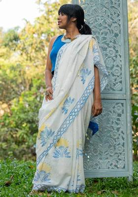 White chanderi silk gold border patti digital printed saree 2