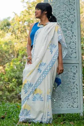White chanderi silk gold border patti digital printed saree