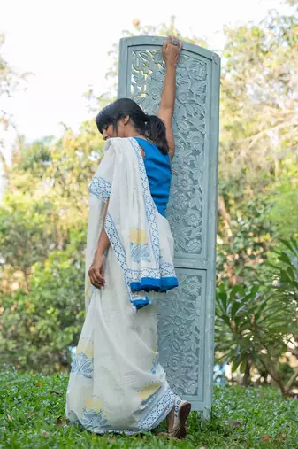White chanderi silk gold border patti digital printed saree
