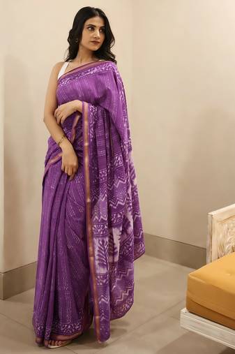 Purple chanderi silk gold border patti digital printed saree