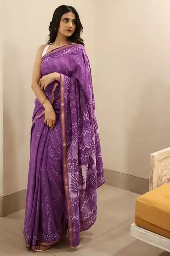 Purple chanderi silk gold border patti digital printed saree
