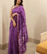 Purple chanderi silk gold border patti digital printed saree