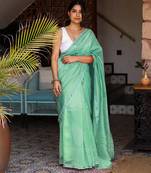 Green chanderi silk gold border patti digital printed saree with blouse