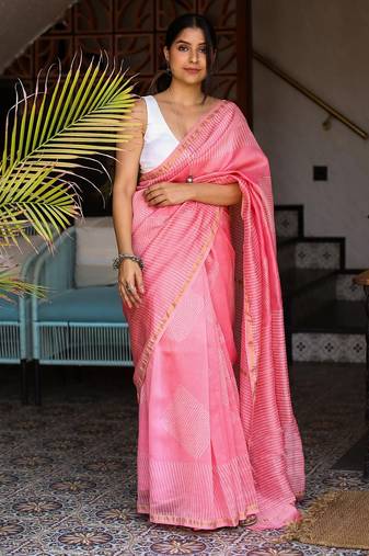 Pink chanderi silk gold border patti digital printed saree with blouse