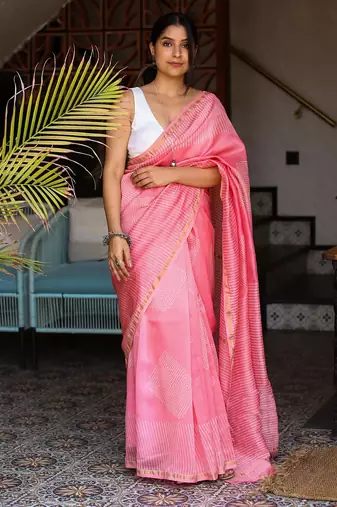 Pink chanderi silk gold border patti digital printed saree with blouse