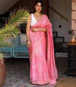 Pink chanderi silk gold border patti digital printed saree with blouse