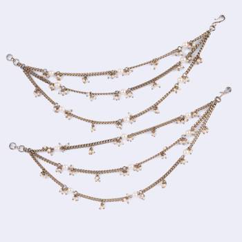 Traditional stylish 3 string long chain gold plated set of 2 pearl ear-chain(kaanchain) for women 3