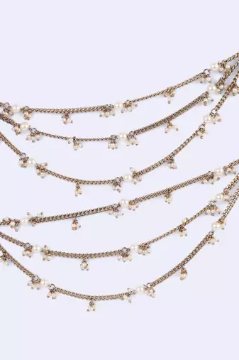 Traditional stylish 3 string long chain gold plated set of 2 pearl ear-chain(kaanchain) for women