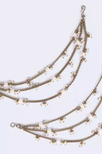 Traditional stylish 3 string long chain gold plated set of 2 pearl ear-chain(kaanchain) for women