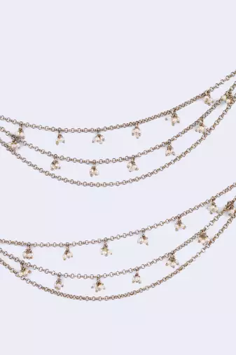 Pleasing 3 string long chain gold plated set of 2 pearl ear-chain(kaanchain) for women
