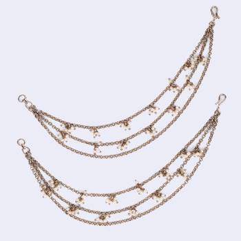 Pleasing 3 string long chain gold plated set of 2 pearl ear-chain(kaanchain) for women 4