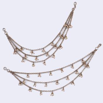 Marvellous 3 string long chain gold plated set of 2 pearl ear-chain(kaanchain) for women 3