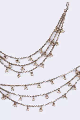 Marvellous 3 string long chain gold plated set of 2 pearl ear-chain(kaanchain) for women