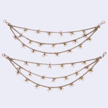 Marvellous 3 string long chain gold plated set of 2 pearl ear-chain(kaanchain) for women 4