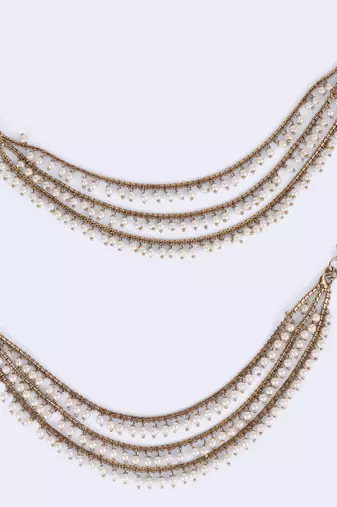 Splendid 3 string long chain gold plated set of 2 pearl ear-chain(kaanchain) for women