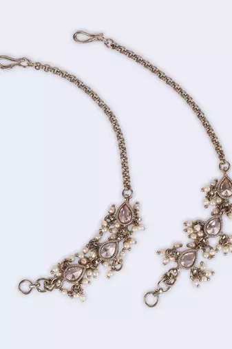 Traditional oval shape long chain gold plated set of 2 pearl ear-chain(kaanchain) for women