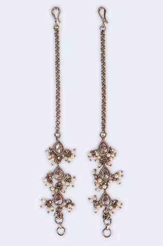Traditional oval shape long chain gold plated set of 2 pearl ear-chain(kaanchain) for women