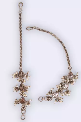 Traditional oval shape long chain gold plated set of 2 pearl ear-chain(kaanchain) for women