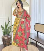 Women's yellow rayon printed flared kurta with rayon pant and linen printed dupatta sets