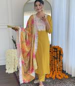 Women's yellow viscose embroidered flared kurta with viscose pant and art silk embroidered laced dupatta sets