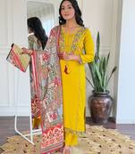 Women's mustard viscose embroidered straight kurta with viscose pant and art silk printed dupatta sets