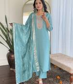 Women's sky chanderi embroidered straight kurta with chanderi pant and viscose jacquard printed dupatta sets