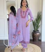 Women's levender viscose embroidered straight kurta with viscose pant and taby printed dupatta sets