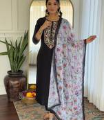 Women's black rayon embroidered straight kurta with pant and dupatta sets