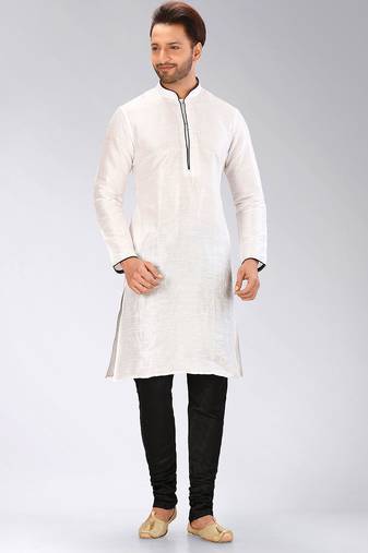White dupion art silk mens kurta churidar set