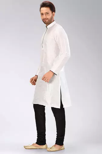 White dupion art silk mens kurta churidar set