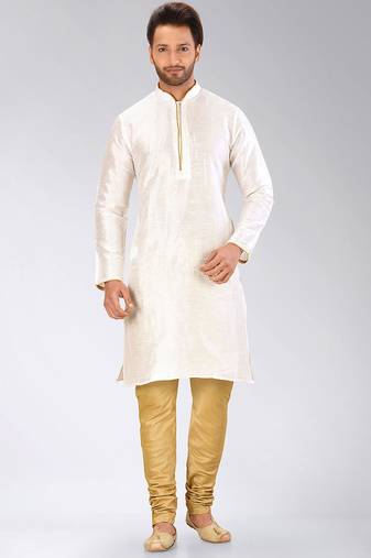 White dupion art silk mens kurta churidar set