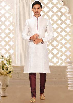 White dupion art silk mens kurta churidar set 1