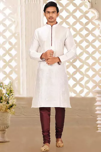 White dupion art silk mens kurta churidar set