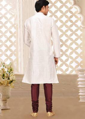 White dupion art silk mens kurta churidar set 3