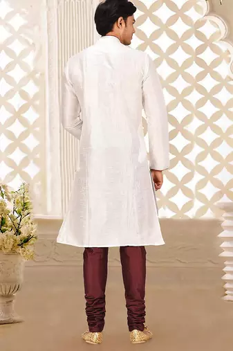 White dupion art silk mens kurta churidar set