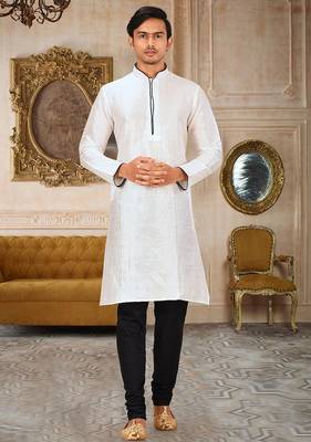 White dupion art silk mens kurta churidar set 1