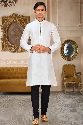 White dupion art silk mens kurta churidar set