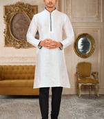 White dupion art silk mens kurta churidar set