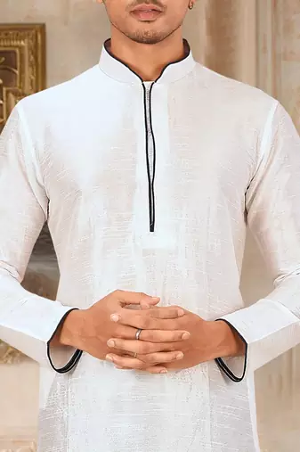 White dupion art silk mens kurta churidar set
