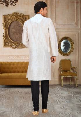 White dupion art silk mens kurta churidar set 3