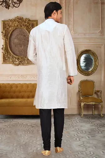 White dupion art silk mens kurta churidar set
