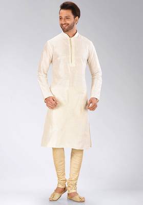 Cream dupion art silk mens kurta churidar set 1