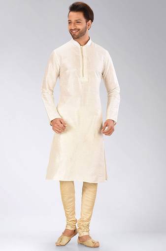Cream dupion art silk mens kurta churidar set