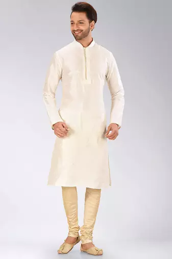 Cream dupion art silk mens kurta churidar set