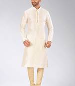 Cream dupion art silk mens kurta churidar set
