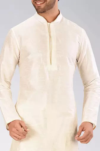 Cream dupion art silk mens kurta churidar set