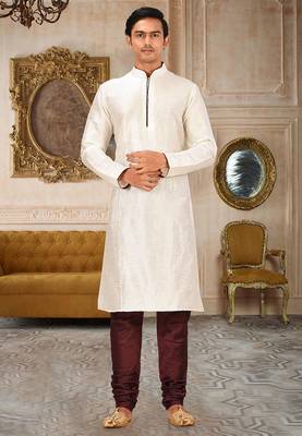 Cream dupion art silk mens kurta churidar set 1