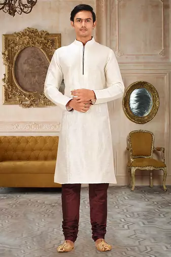 Cream dupion art silk mens kurta churidar set